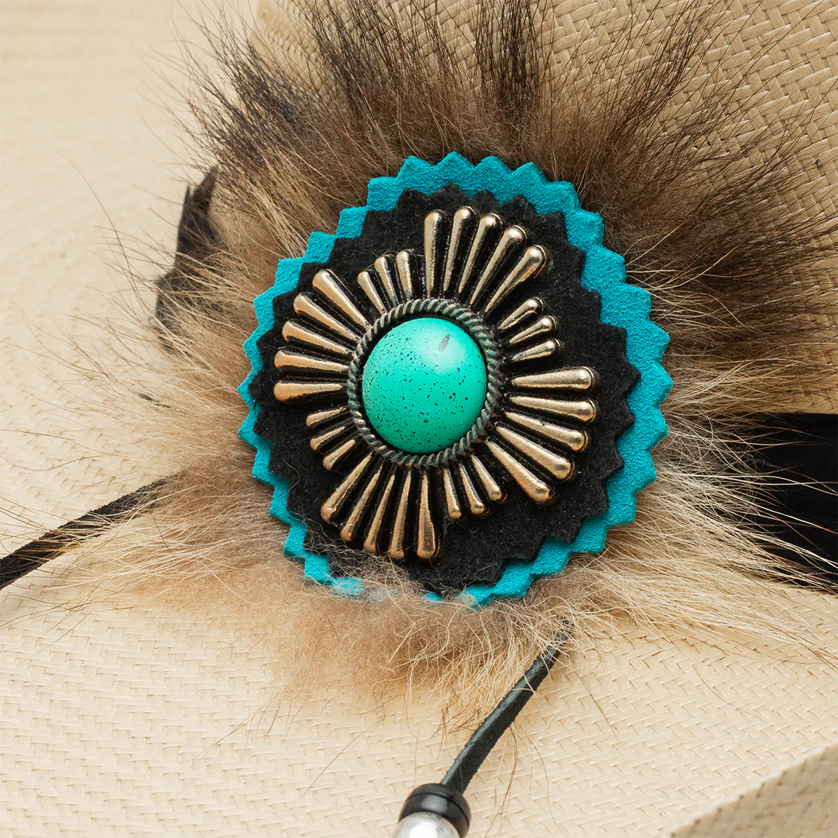 Cowboy hat with turquoise, gold and feather detail