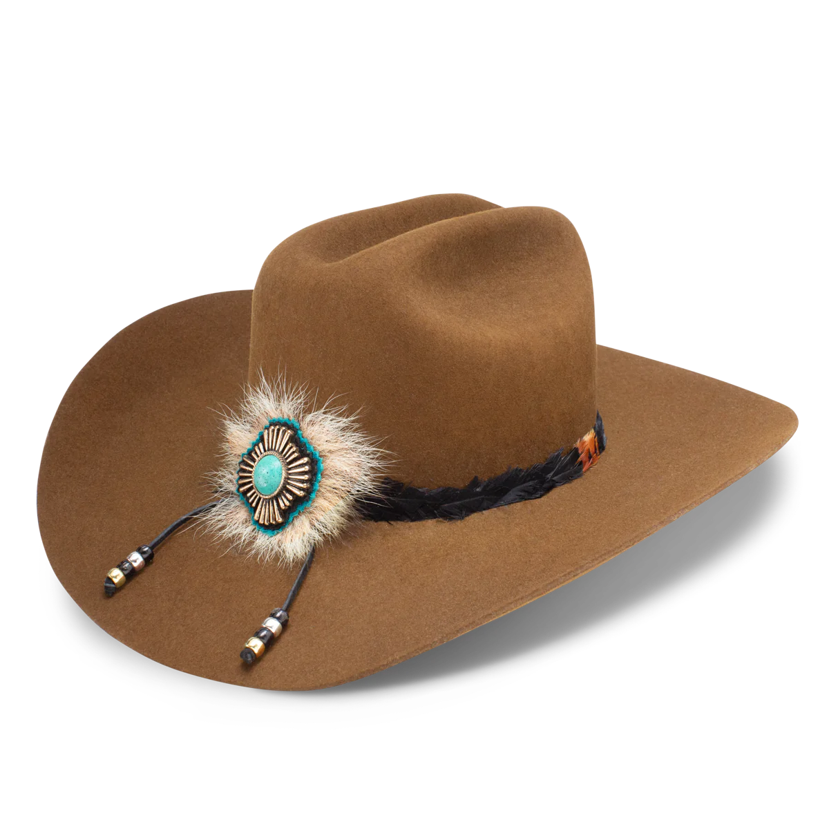 Cowboy hat with turquoise feather accent