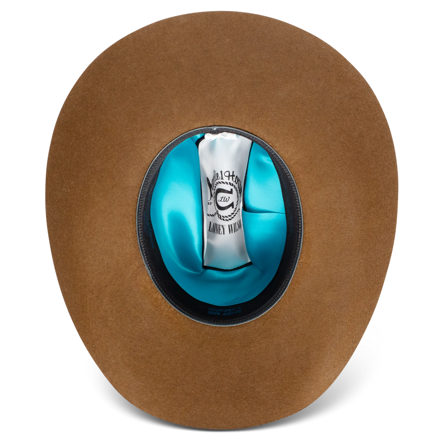 Brown cowboy hat with turquoise lining.