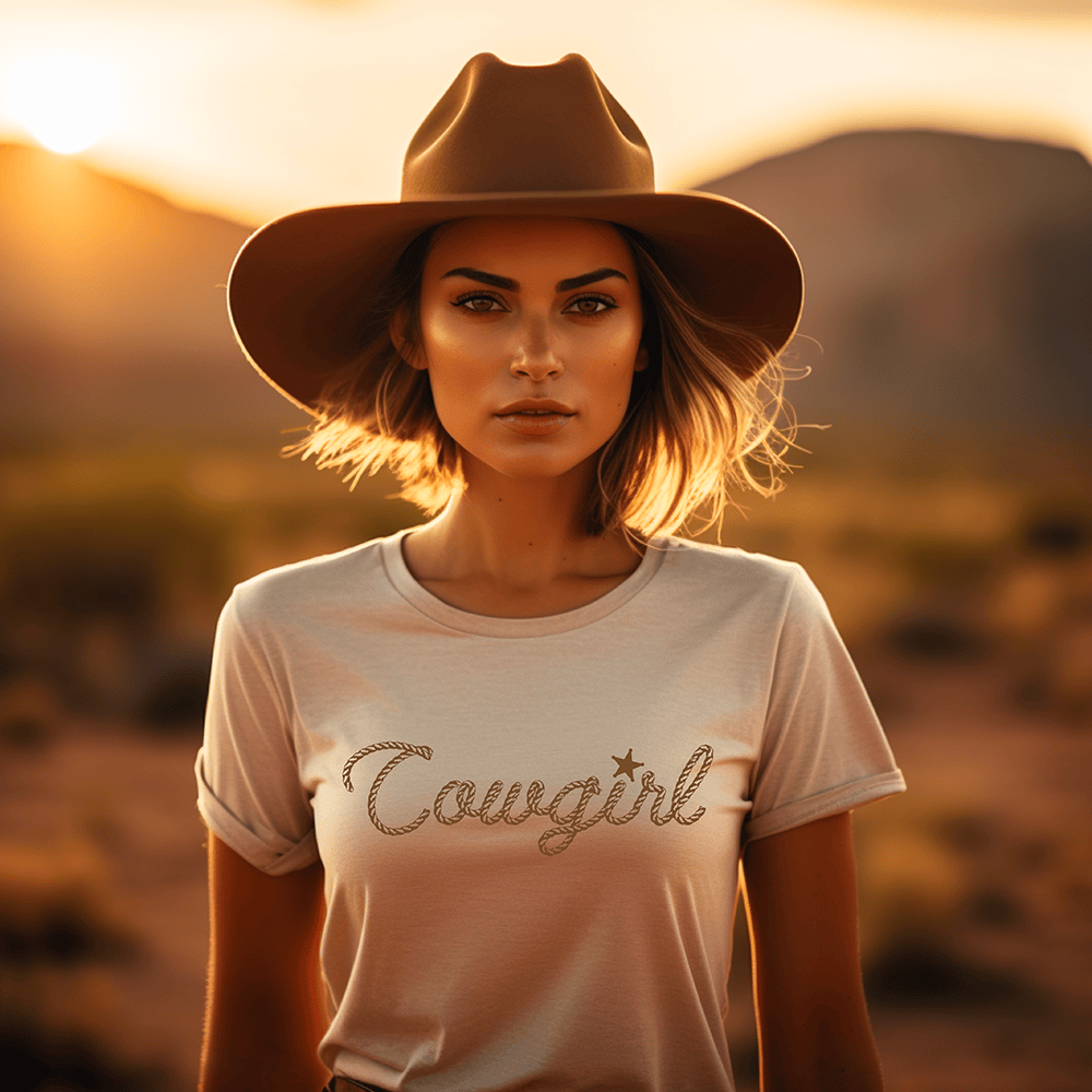 Cowgirl in hat, desert landscape