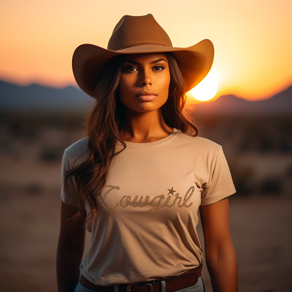 Cowgirl in desert sunset, rope design shirt