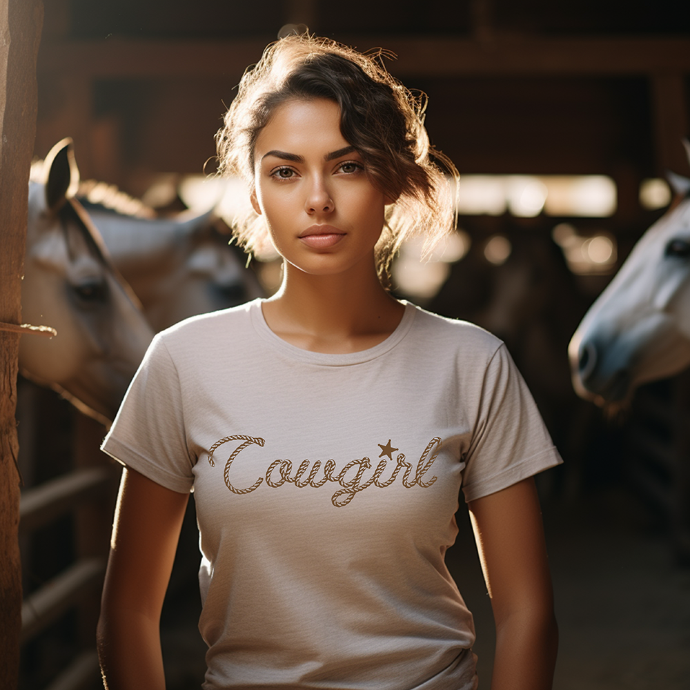 Cowgirl with rope design shirt in stable