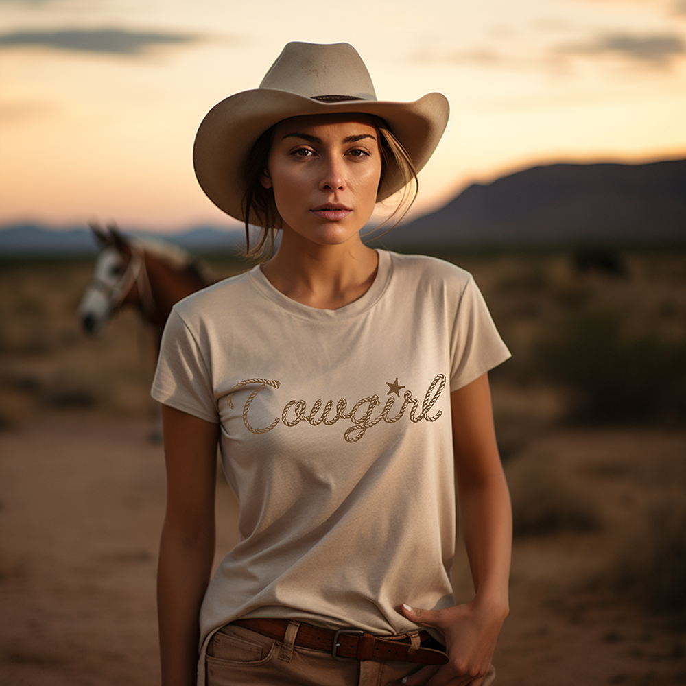 Cowgirl wearing rope design shirt with horse in background