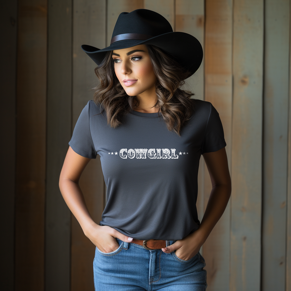Cowgirl wearing a Cowgirl shirt and cowboy hat