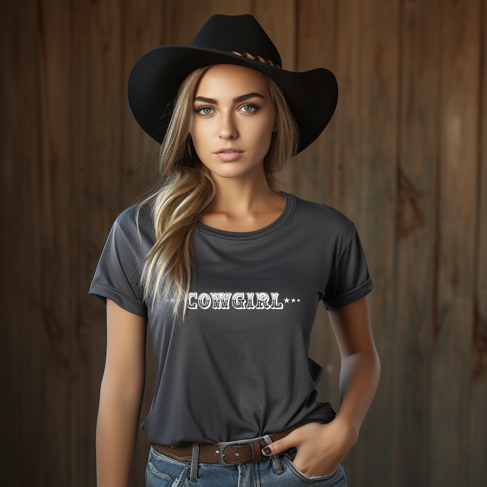 Cowgirl wearing a Cowgirl shirt and hat.