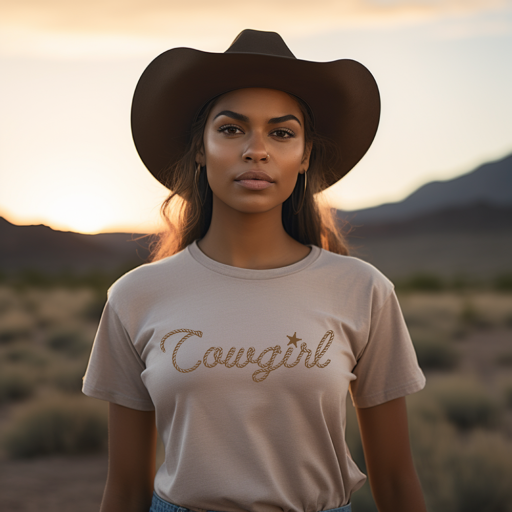 Cowgirl wearing hat with Cowgirl shirt & rope design
