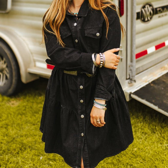 DDR037-BLK Black denim dress with belt