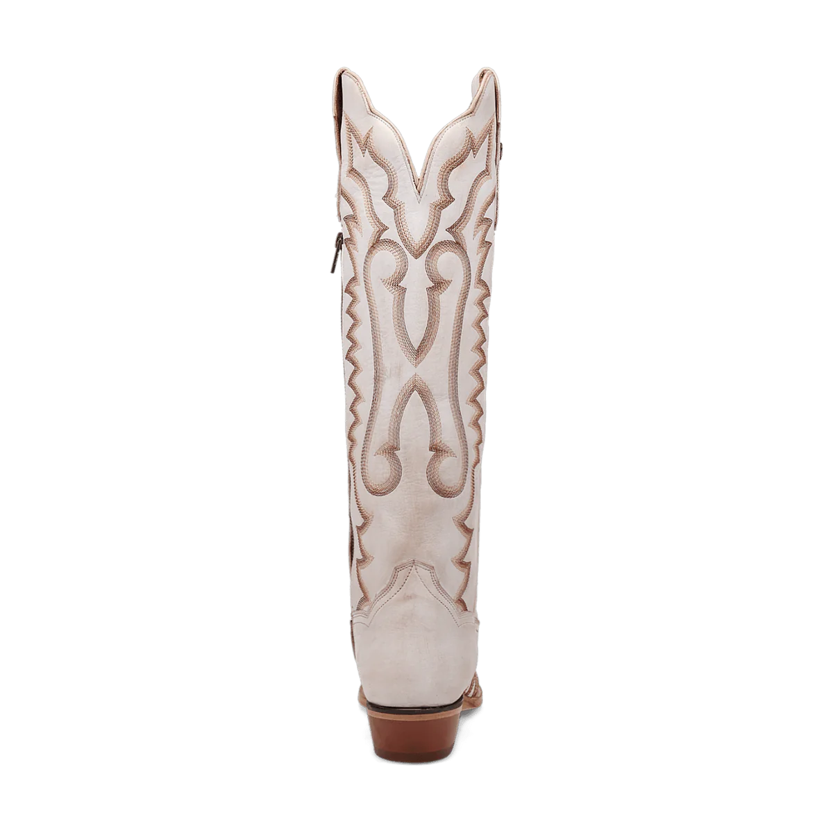 Beige cowboy boot with ornate stitching.