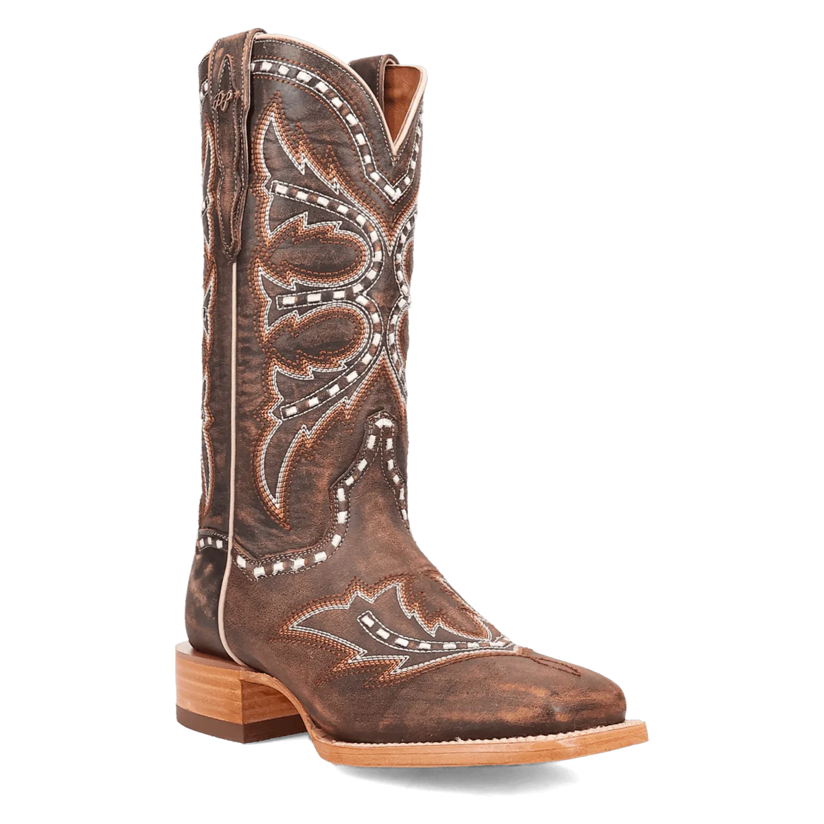 Brown leather cowboy boot with intricate stitching