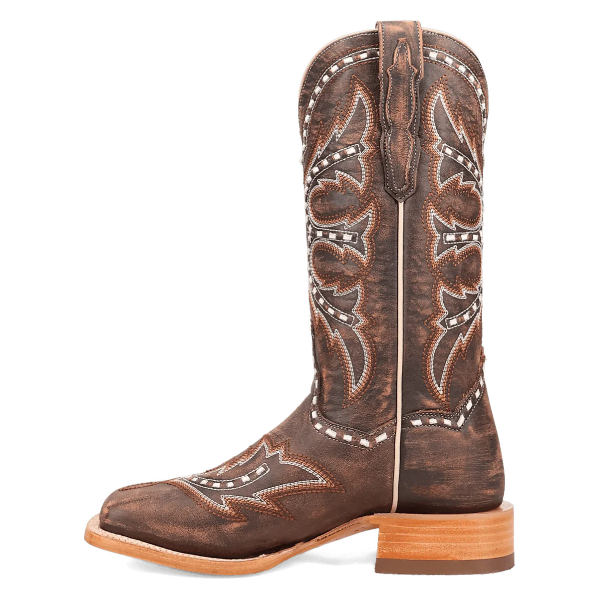 Brown leather cowboy boot with decorative stitching