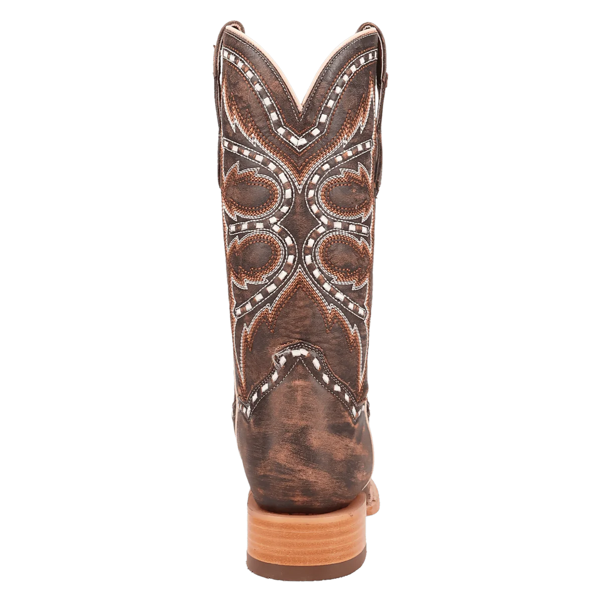 Brown leather cowboy boot with decorative stitching
