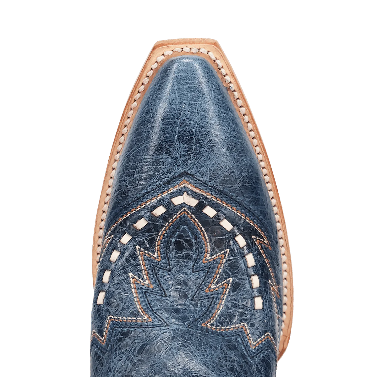 Blue leather cowboy boot toe with decorative stitching