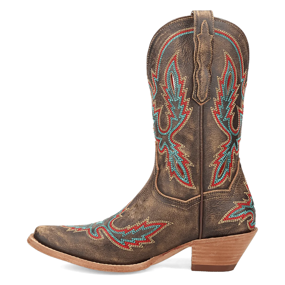 Distressed leather cowboy boot with turquoise & red stitching.