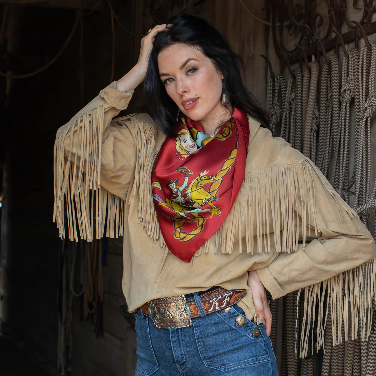 Cowgirl in fringe jacket with red scarf, DSC_2390