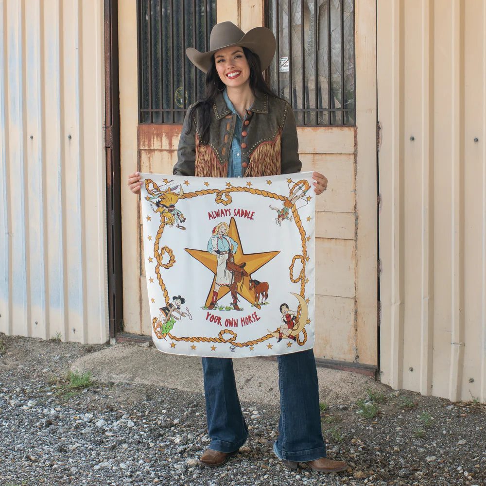 Cowgirl holding Always Saddle Your Own Horse bandana