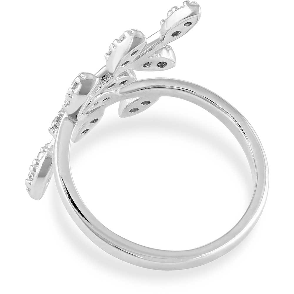 Silver leaf ring with diamonds