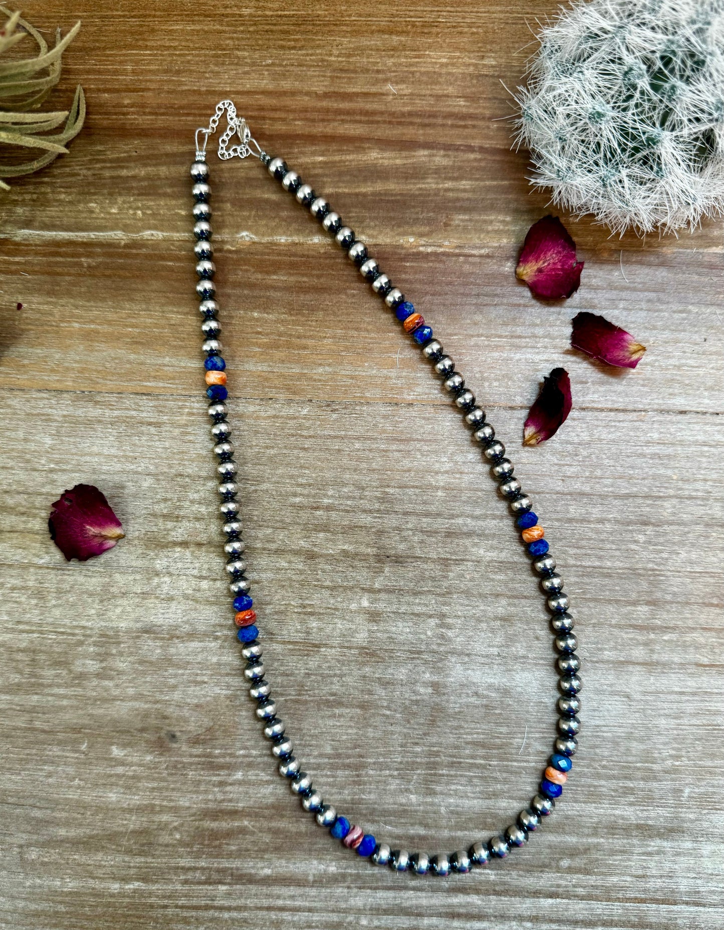 Silver bead necklace with turquoise and coral accents
