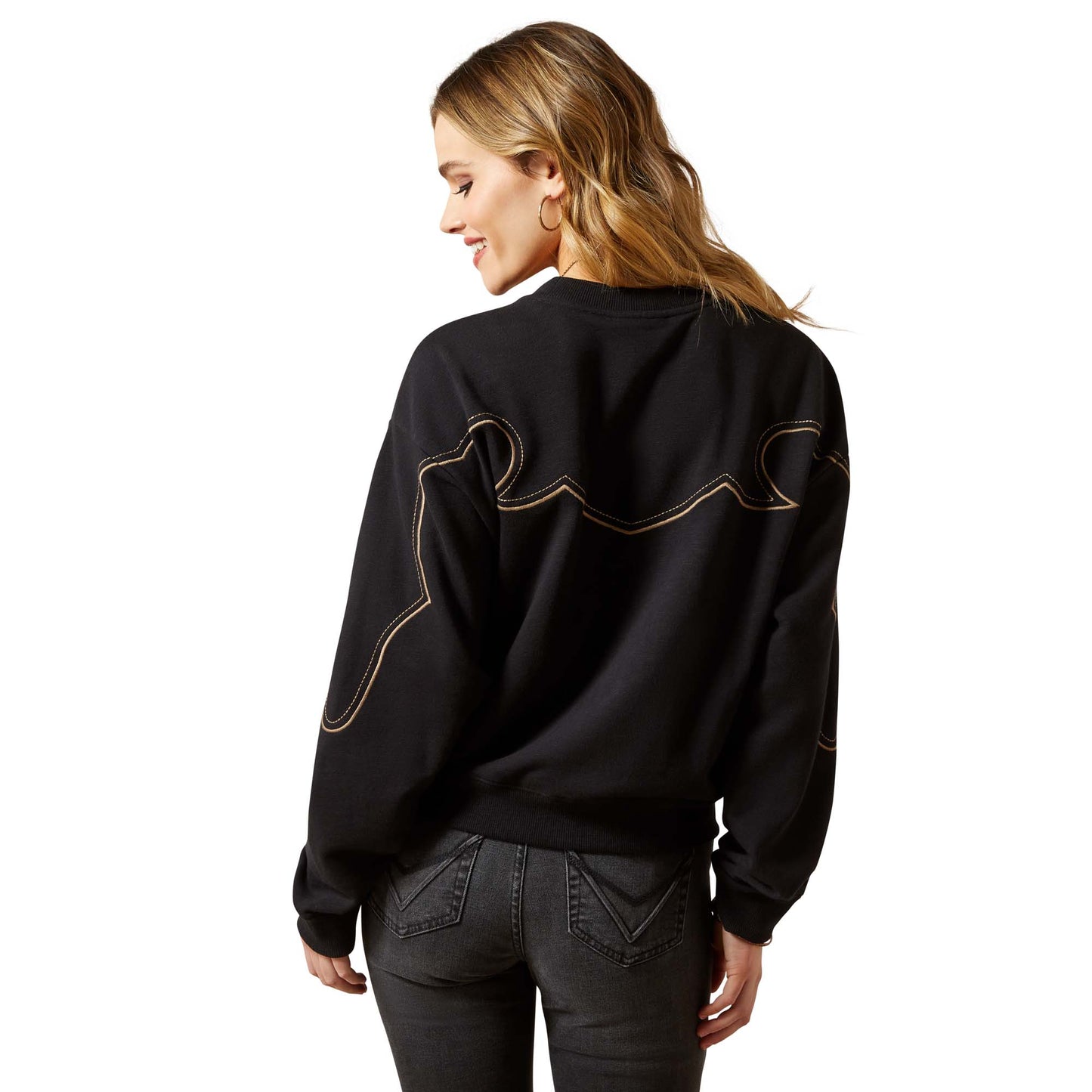 F25 WMS WEST back view of black sweatshirt with decorative stitching.