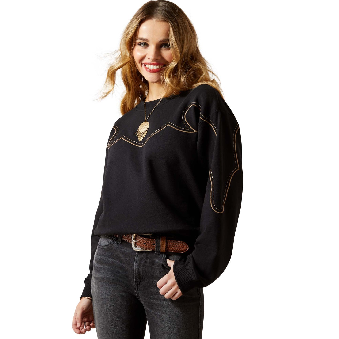 Woman in black and gold embroidered sweatshirt - F25_WMS_WEST_10065946_front