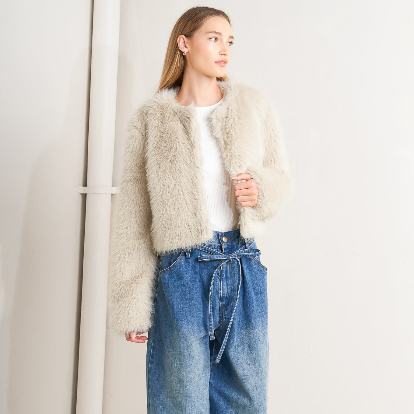 LONDON FLARE CREAM FAUX FUR CROP JACKET