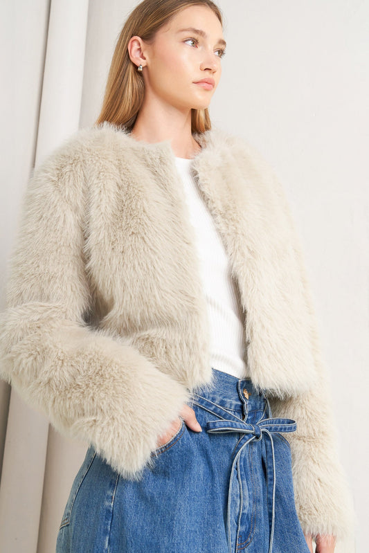 LONDON FLARE CREAM FAUX FUR CROP JACKET