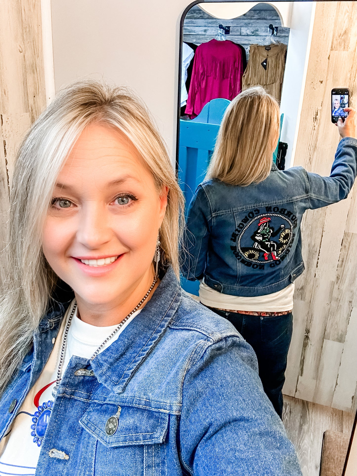 Woman in denim jacket, Facetune selfie 07-09-2024