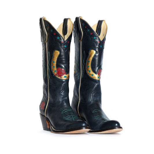 Navy cowboy boots with horseshoe and rose design