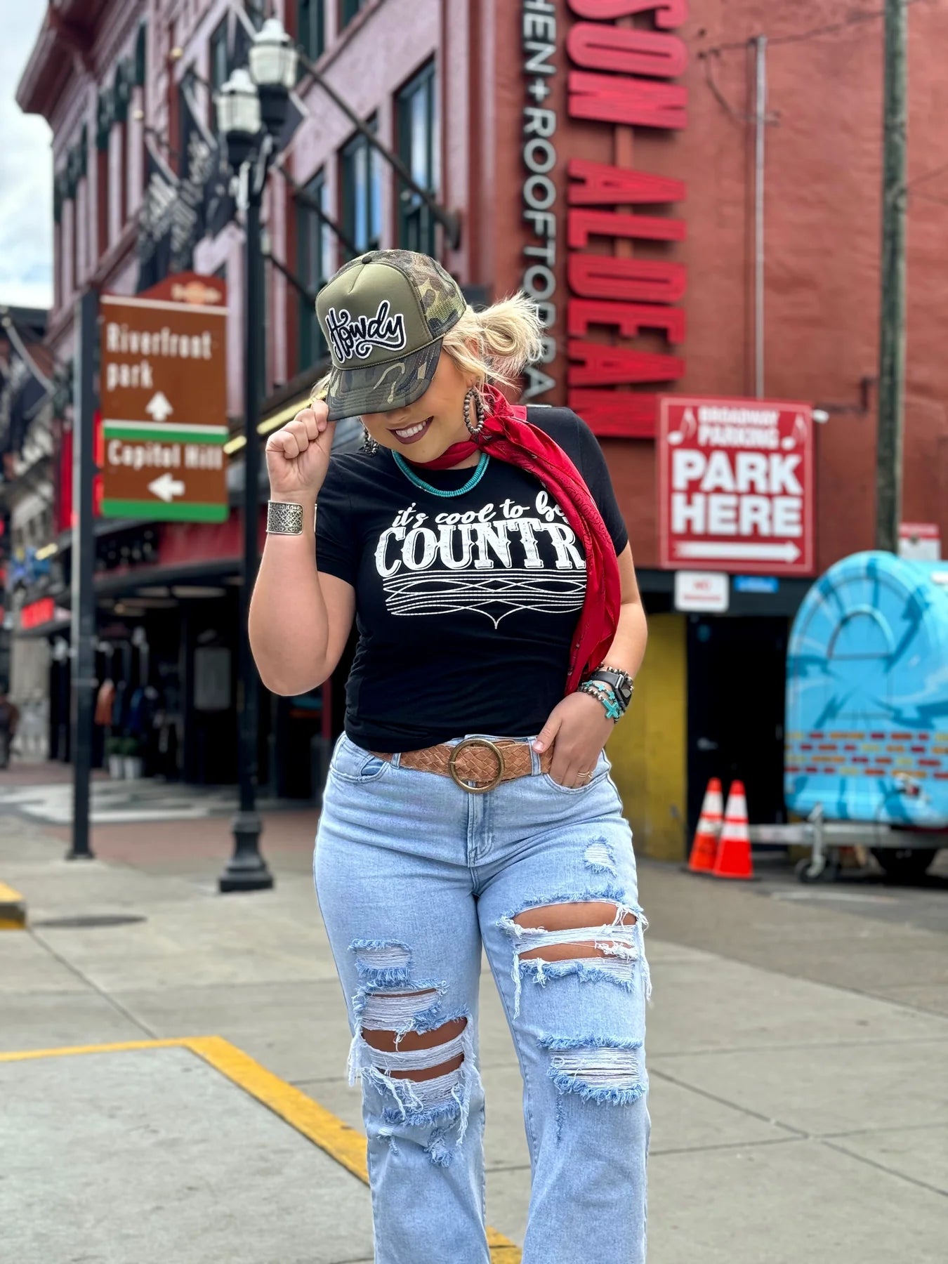 Woman in country outfit in Nashville