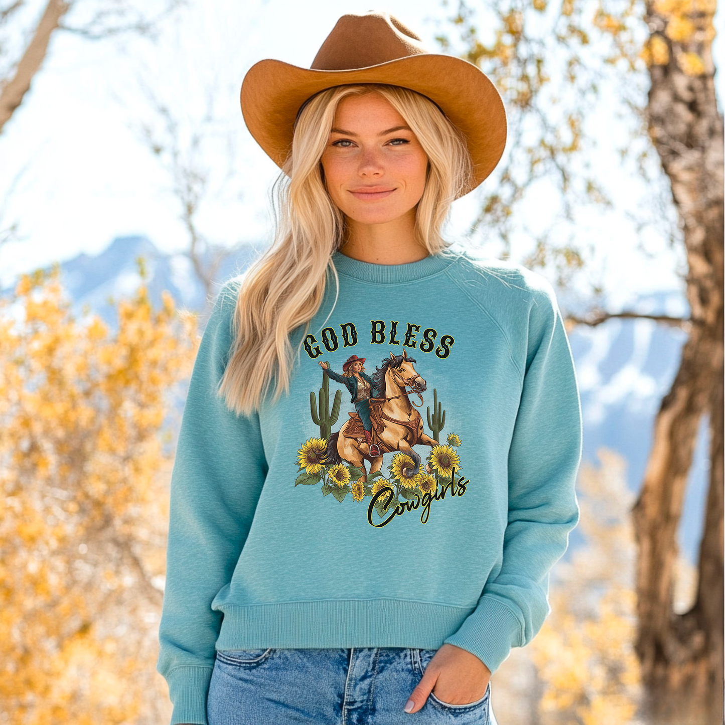 Cowgirl in God Bless Cowgirls sweatshirt