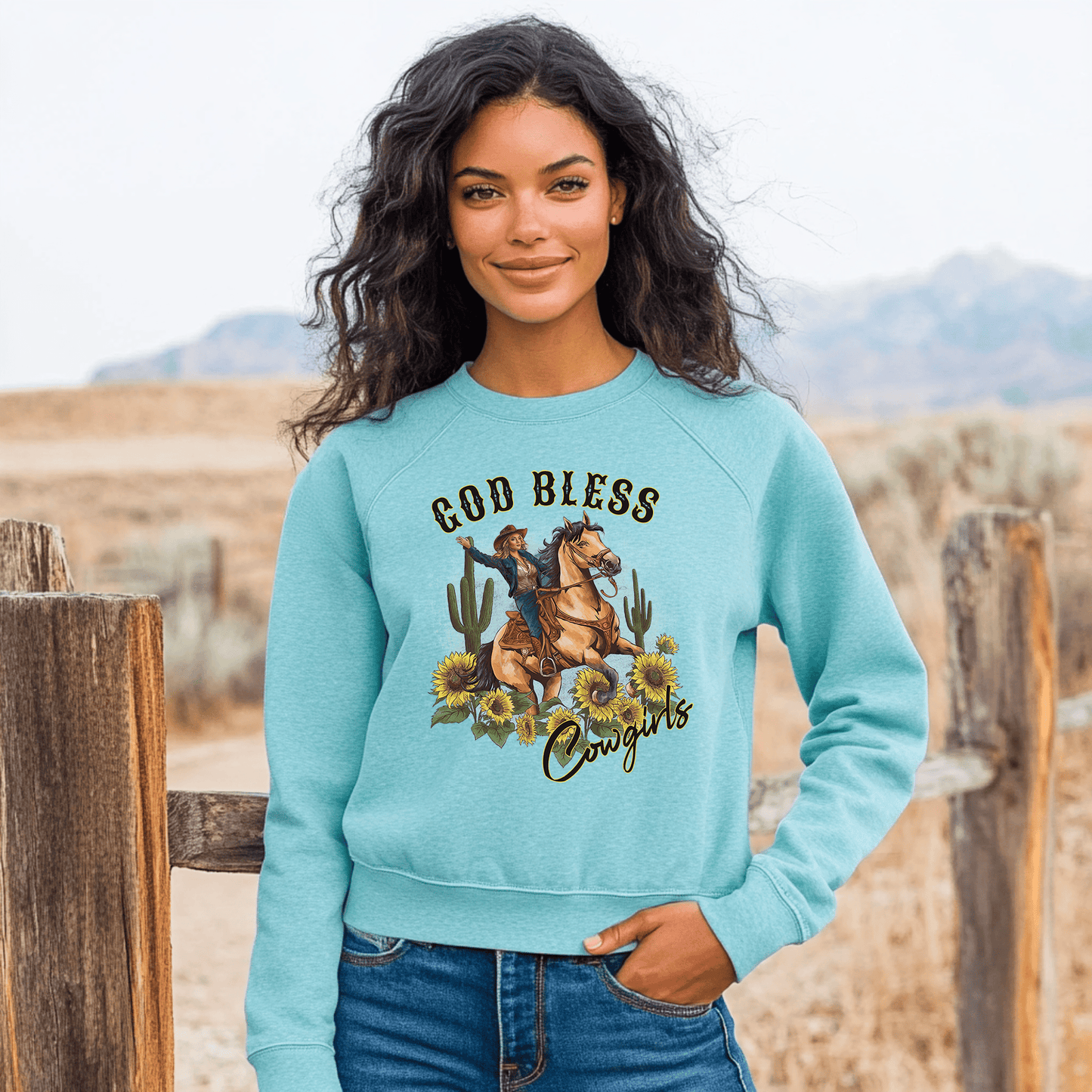 God Bless Cowgirls sweatshirt with woman