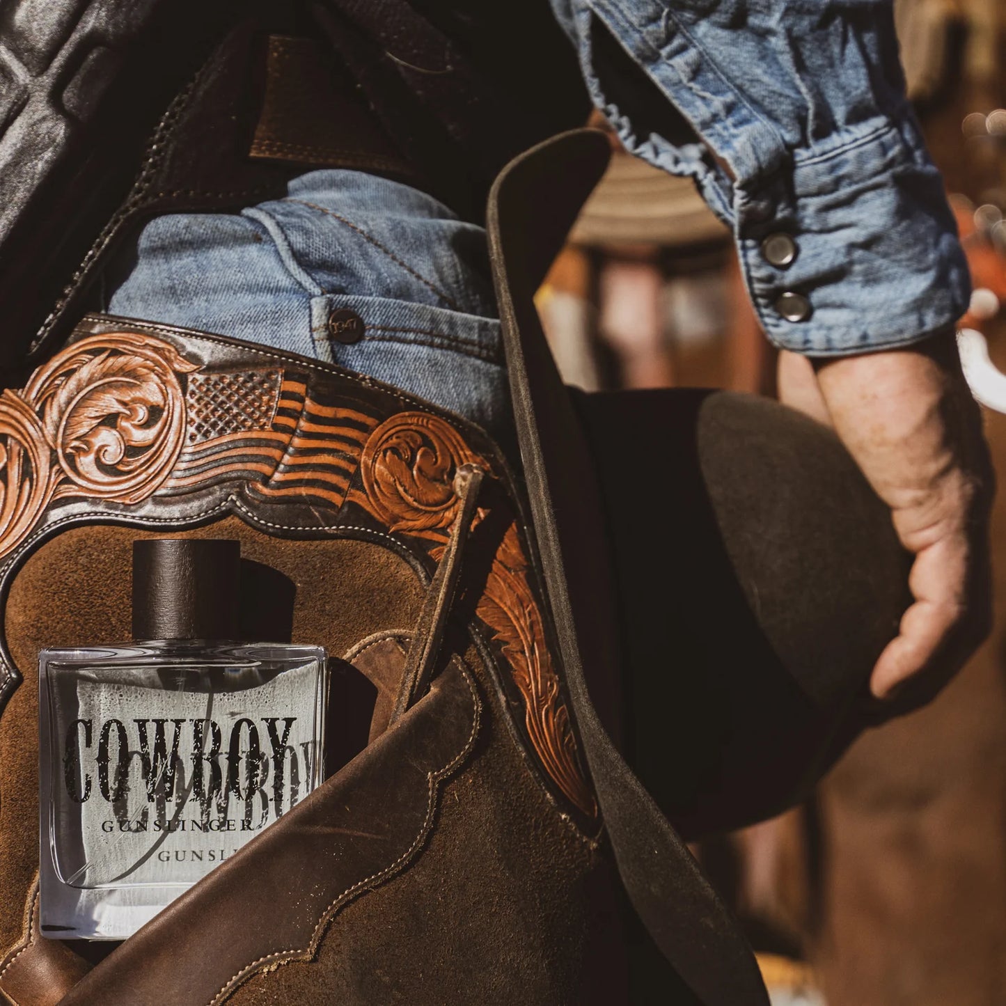 Gunslinger Cowboy cologne with hat and chaps
