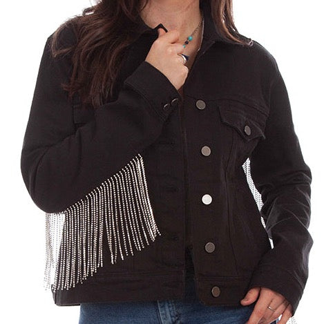HC792-BLK black denim jacket with rhinestone fringe preview