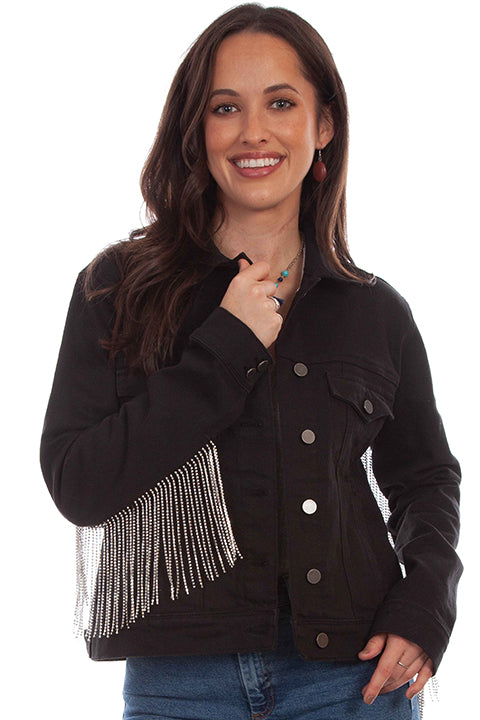 HC792-BLK Black Fringe Denim Jacket on woman