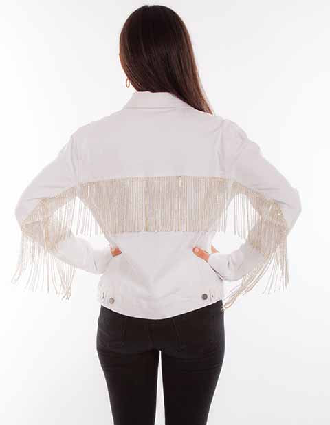 HC792-WHT White Fringe Denim Jacket Back View