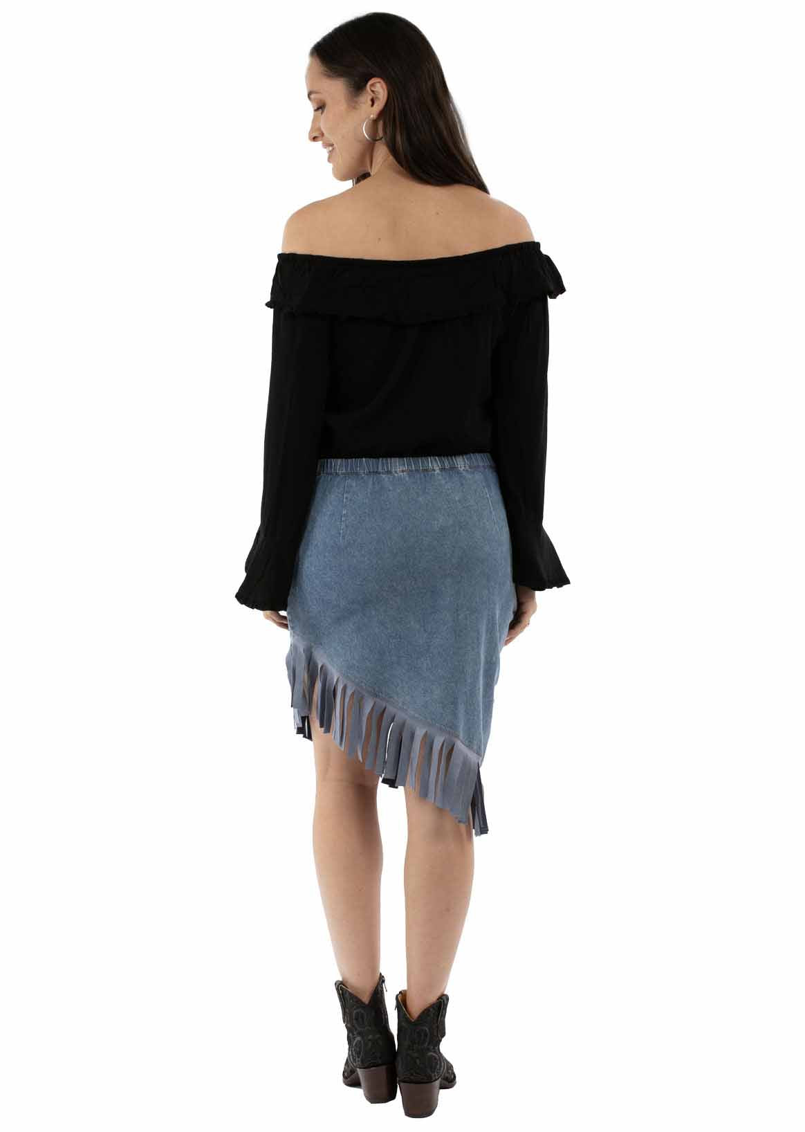 HC938-BLU-BK Black off-shoulder top & denim skirt