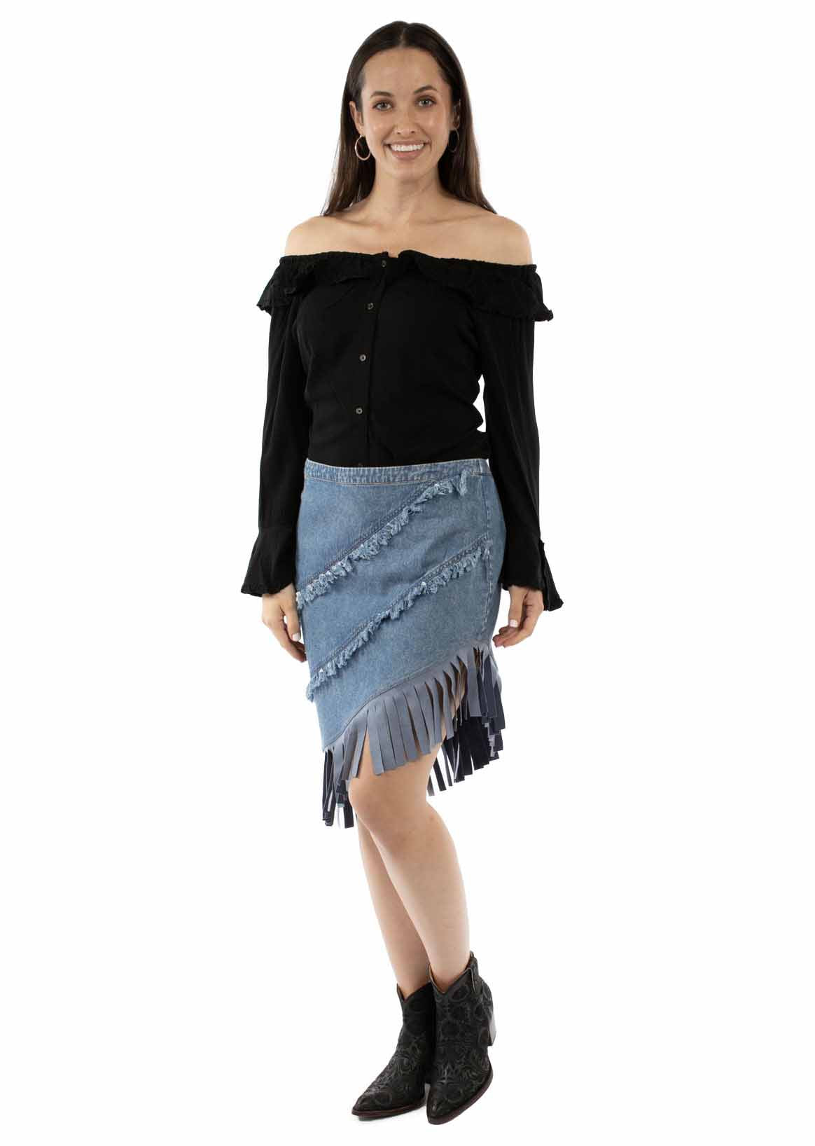 HC938-BLU Denim Skirt and Black Off-Shoulder Top