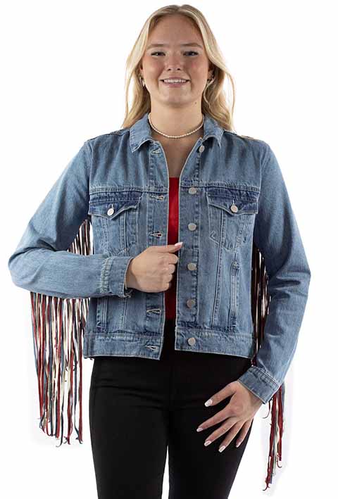 HC943-RWB denim jacket with fringe detail