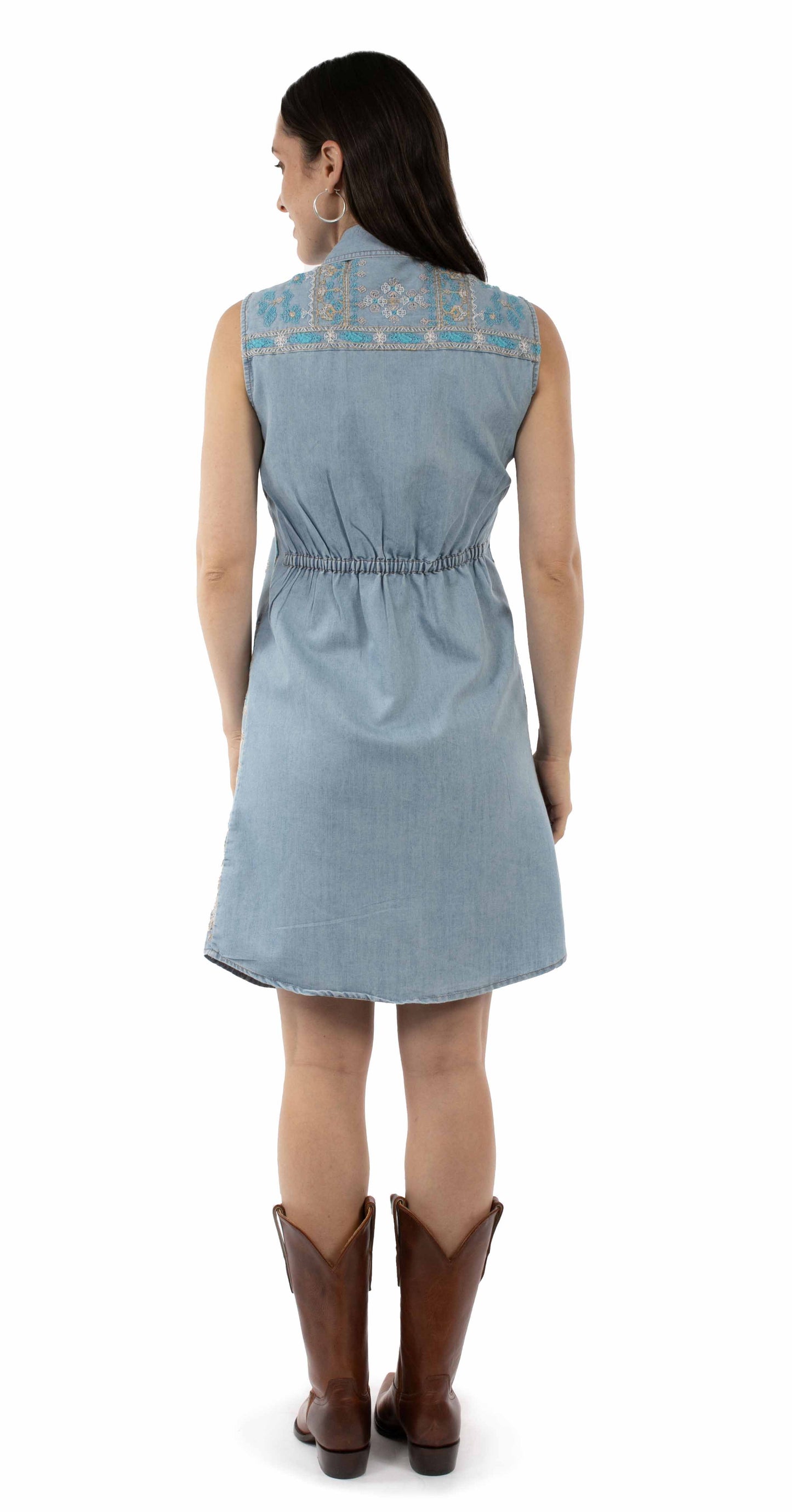 HC955-BLU-BK Denim Dress with Embroidery