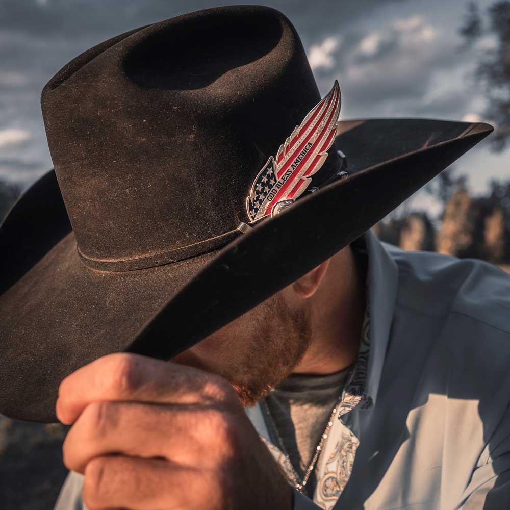 Cowboy with God Bless America feather pin, HF5458_mod