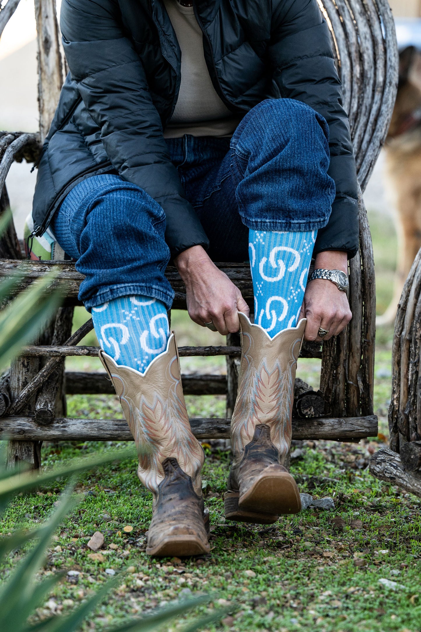 Cowboy boots with patterned socks