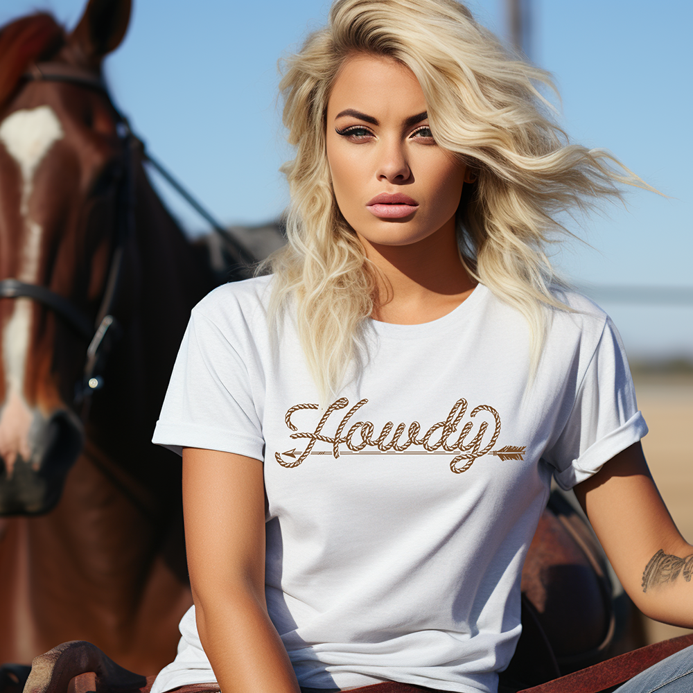 Woman in Howdy shirt with horse, Howdy11web