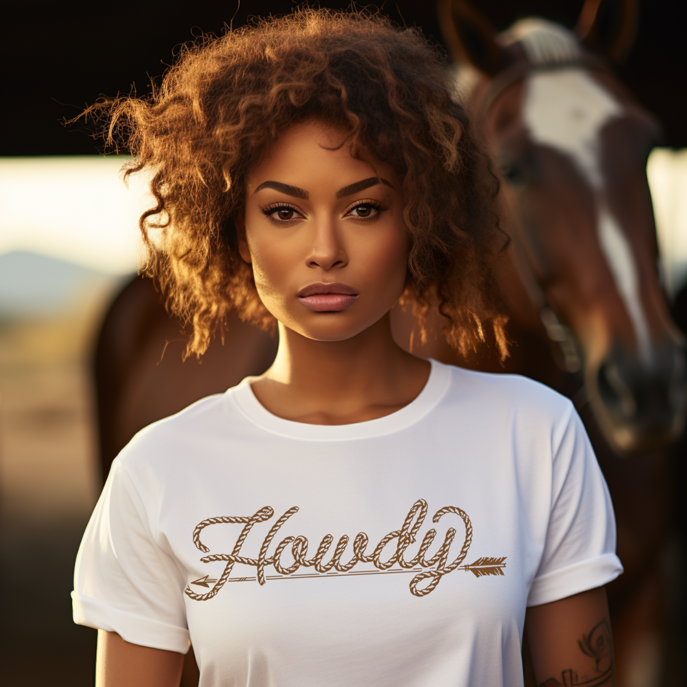 Woman in Howdy shirt with horse.