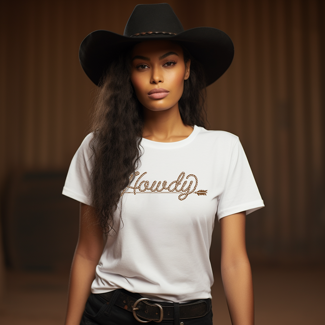 Woman in Howdy t-shirt and cowboy hat