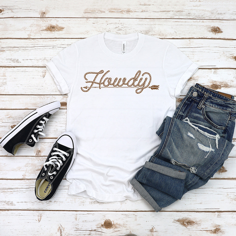 Howdy graphic tee with jeans and sneakers