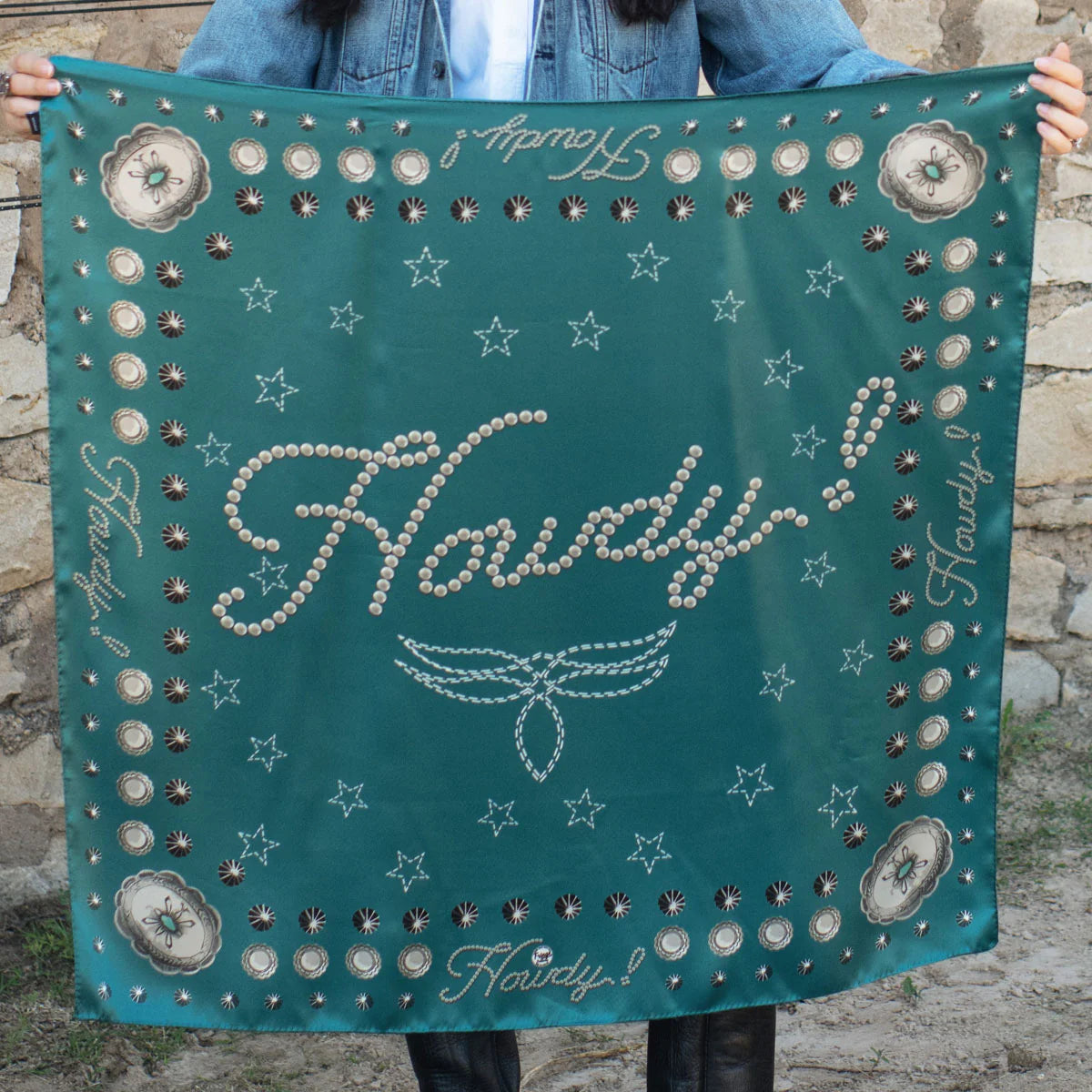 Jade silk scarf with Howdy and concho design