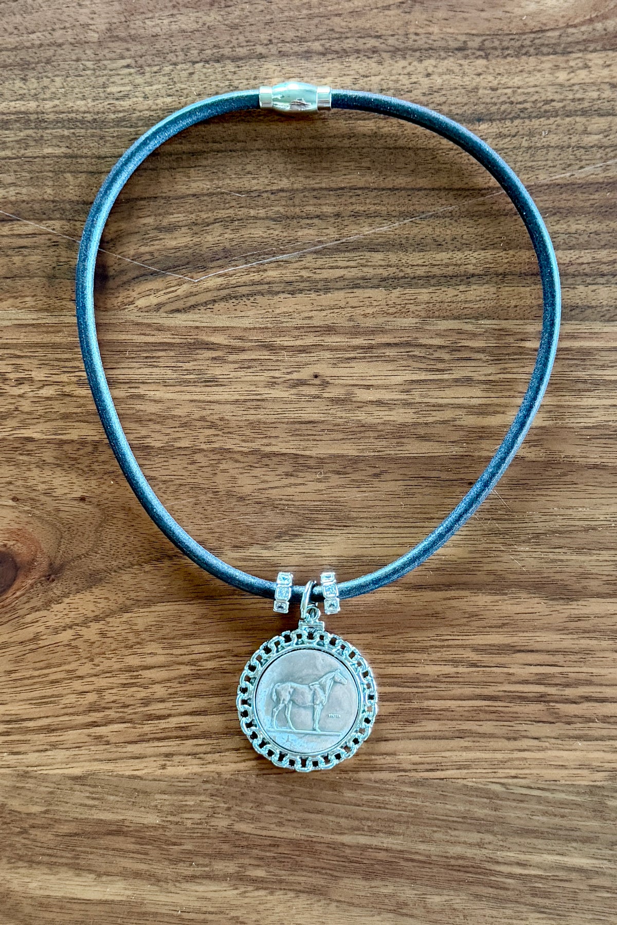 Grey Leather Necklace with Silver Horse by Michele Busch