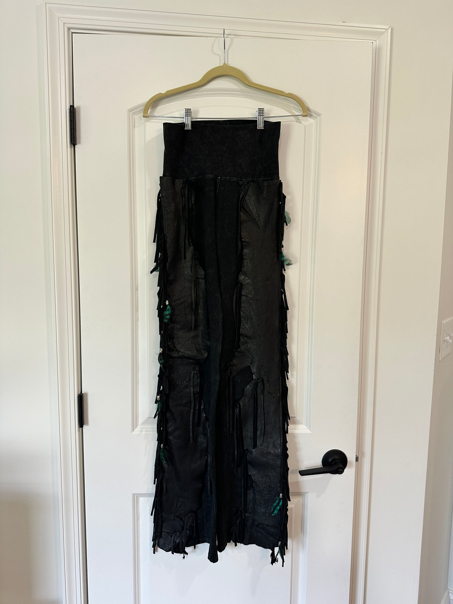 Chap Full Fringe & Feathers Ragged Leather Pants by Pat Dahnke -Black