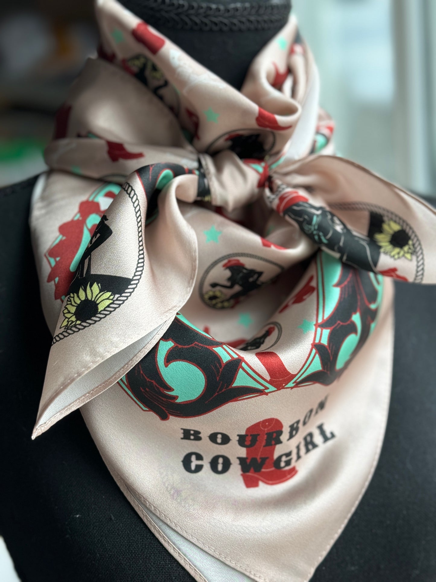 Silk scarf with Bourbon Cowgirl design.