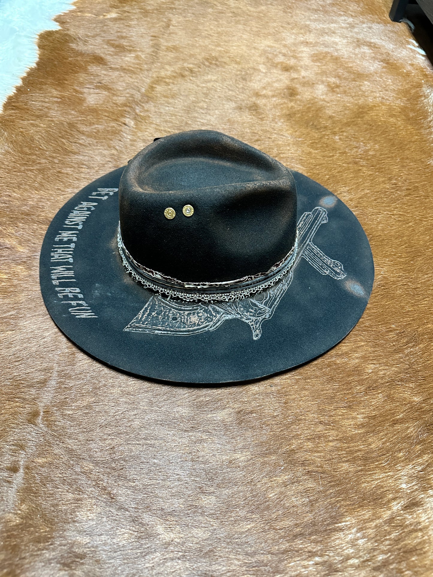 Dark cowboy hat on a brown surface.