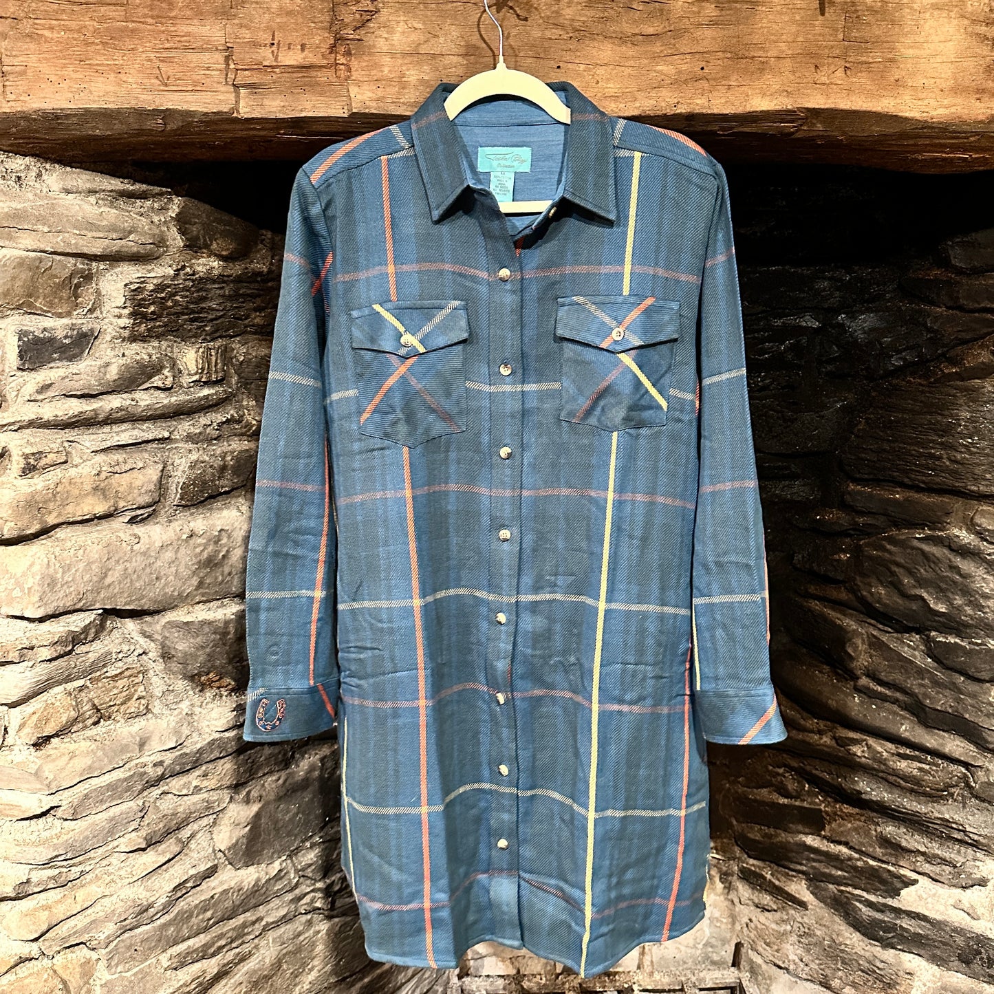 Blue plaid shirt dress hanging.